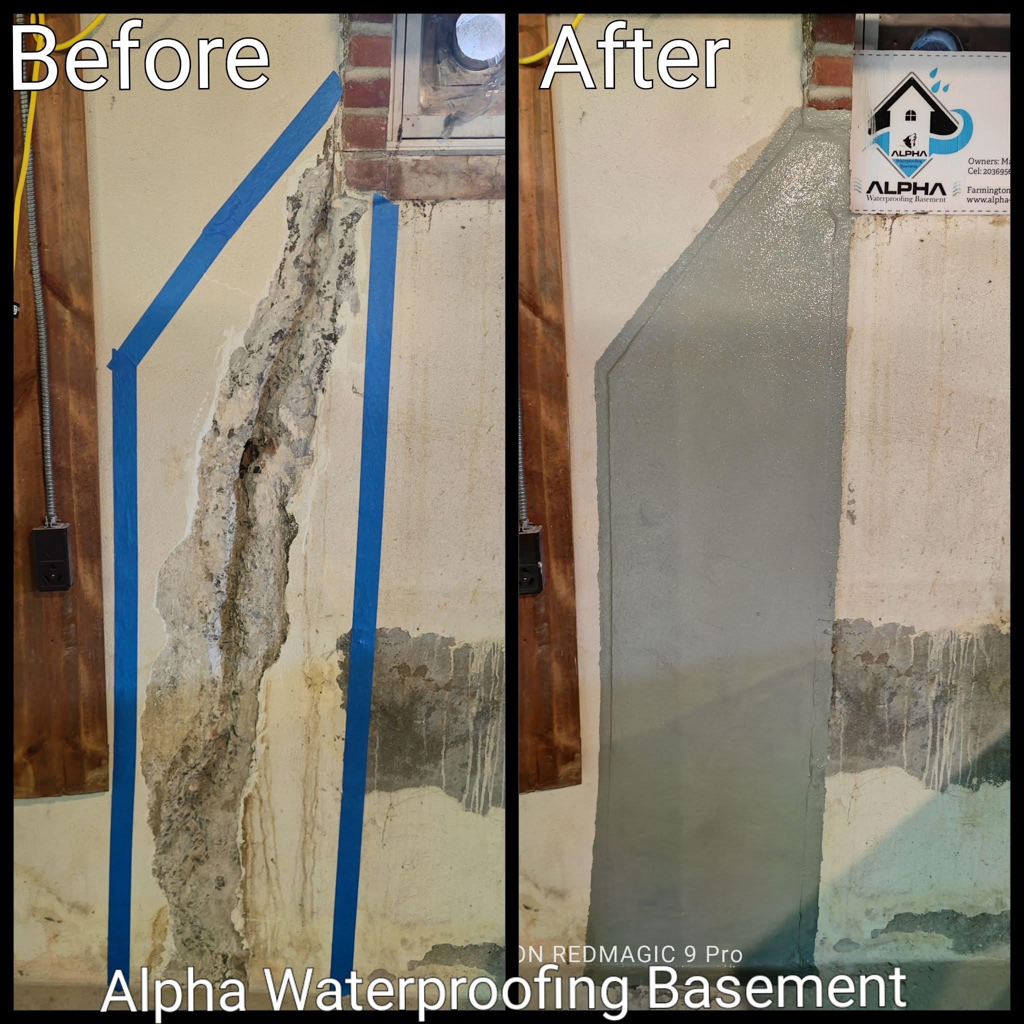 Alpha Waterproofing repairing foundation cracks and waterproofing walls with before and after results in CT